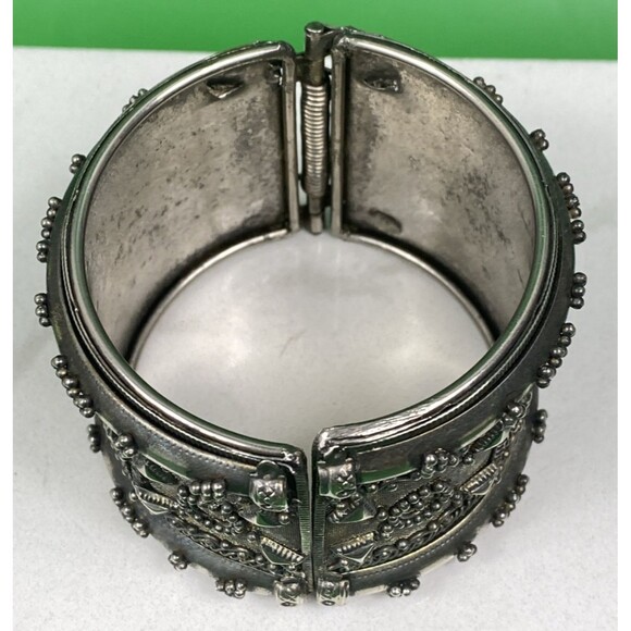 Vtg Cuff Bracelet Clamper Wide Boho Bells Silver tone 2.5" Hinged Mesh Shields - Picture 3 of 8